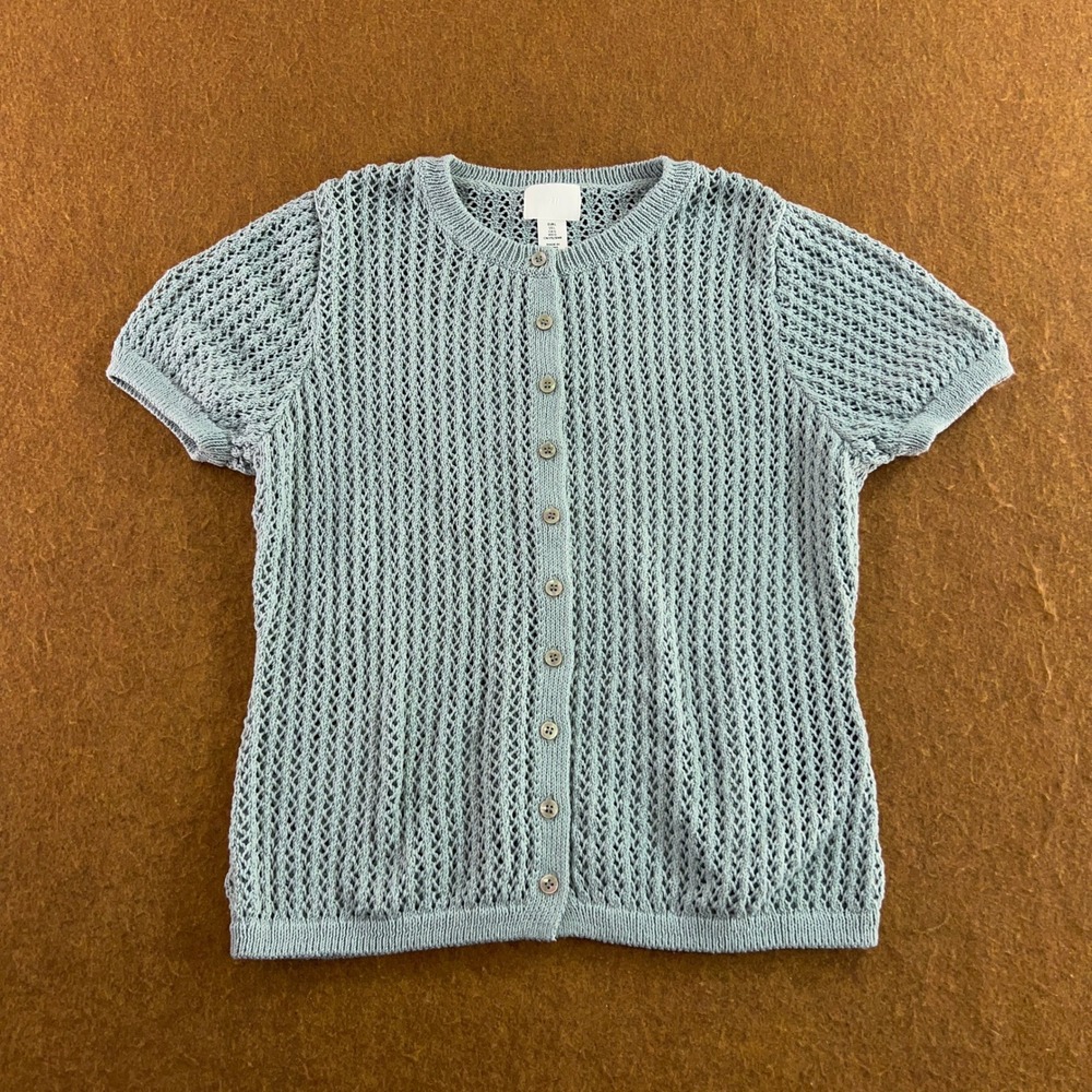 H&M Womens L Blue Pointelle Open Knit Short Sleeve Button Front Cardigan Sweater